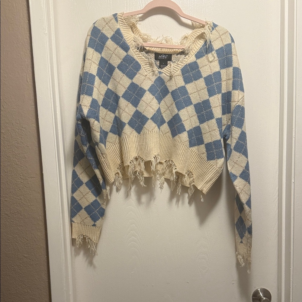 Lucy Paris Blue and Cream Argyle V-Neck Sweater
